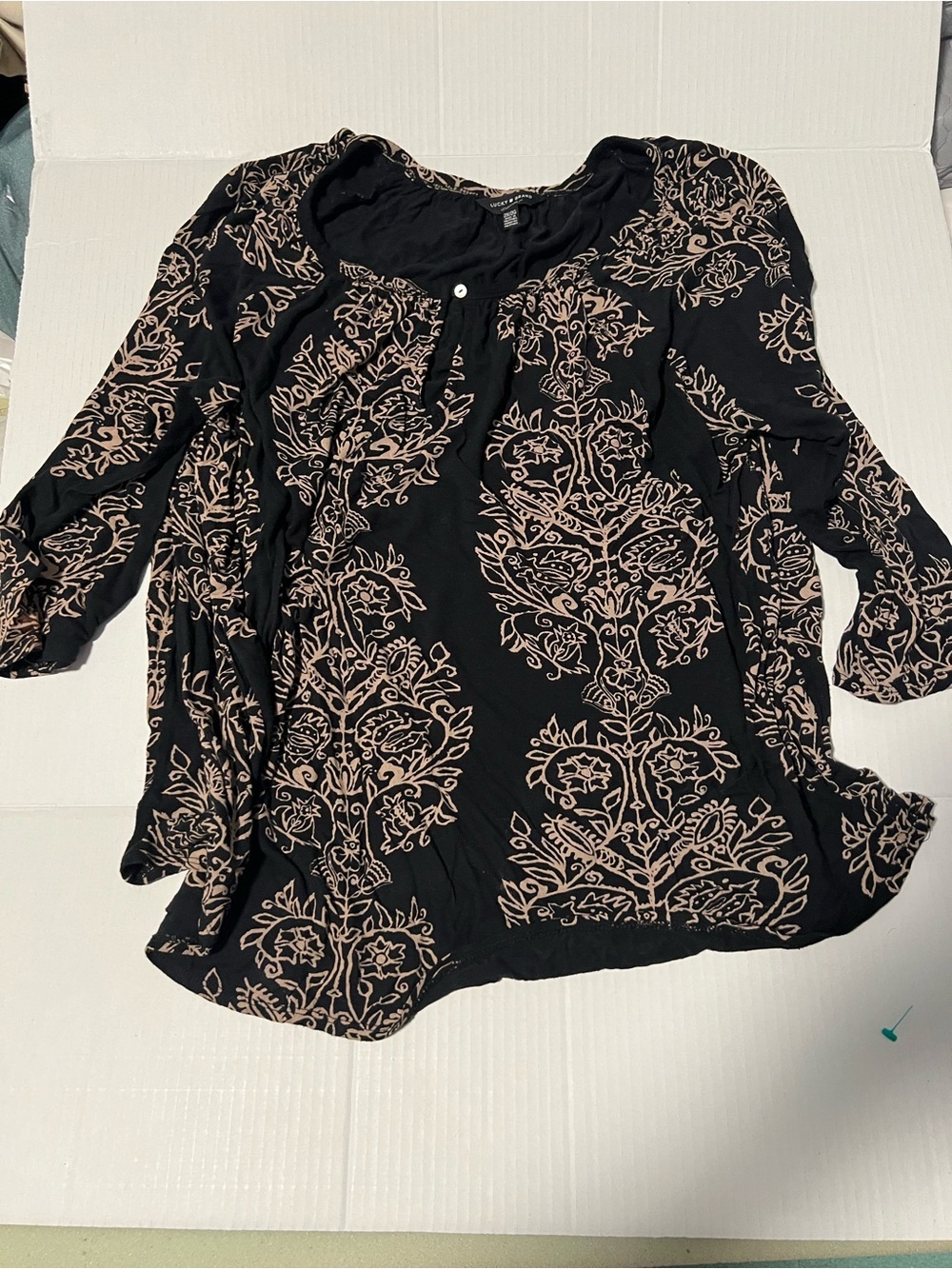 Lucky Brand Black Blouse with Beige Floral Print
